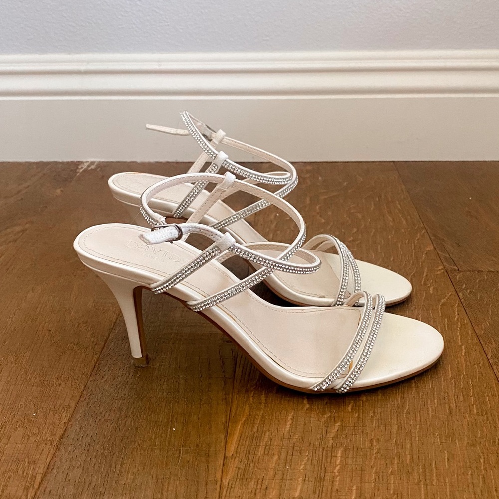 White Diamond Glitter Sparkle Strappy Short Kitten Heels